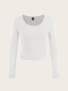 SHEIN EZwear 女款休閒簡約圓領長袖修身T恤，適合秋冬外出穿著 - 白色 - 查看 4