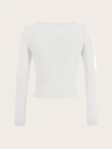 SHEIN EZwear Women Casual Minimalist Scoop Neck Long Sleeve Fitted Tee For Autumn Winter Suitable For Going Out - White - View 2