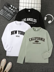 SHEIN Vacaura 青少年男孩 3件組大學風城市字母印花長袖圓領休閒街頭風上衣 多色款 秋季服飾 鼠尾草綠、黑色與白色 - 彩色 - 查看 5