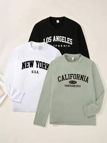 SHEIN Vacaura 青少年男孩 3件組大學風城市字母印花長袖圓領休閒街頭風上衣 多色款 秋季服飾 鼠尾草綠、黑色與白色 - 彩色 - 查看 7