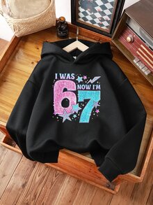 SHEIN (1件)青少年女孩亮面亮片67星星標語印花連帽衛衣長袖休閒時尚極簡黑色秋冬日常上衣街頭風 - 黑色 - 查看 3