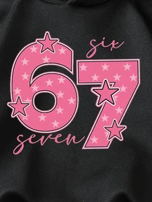 青少年女孩休閒服飾 波點五角星粉色數字67字母圖案印花基礎連帽衛衣 適合日常穿著 - 黑色 - 查看 4