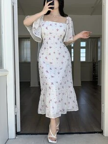 Feyla 女士优雅碎花中长连衣裙，夏季 - 白色 - 查看 6