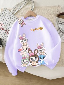 SHEIN Sudadera con estampado de conejo azul de orejas caídas y diseño de dibujos animados, linda para niña, otoño/invierno - Multicolor - Ver 1