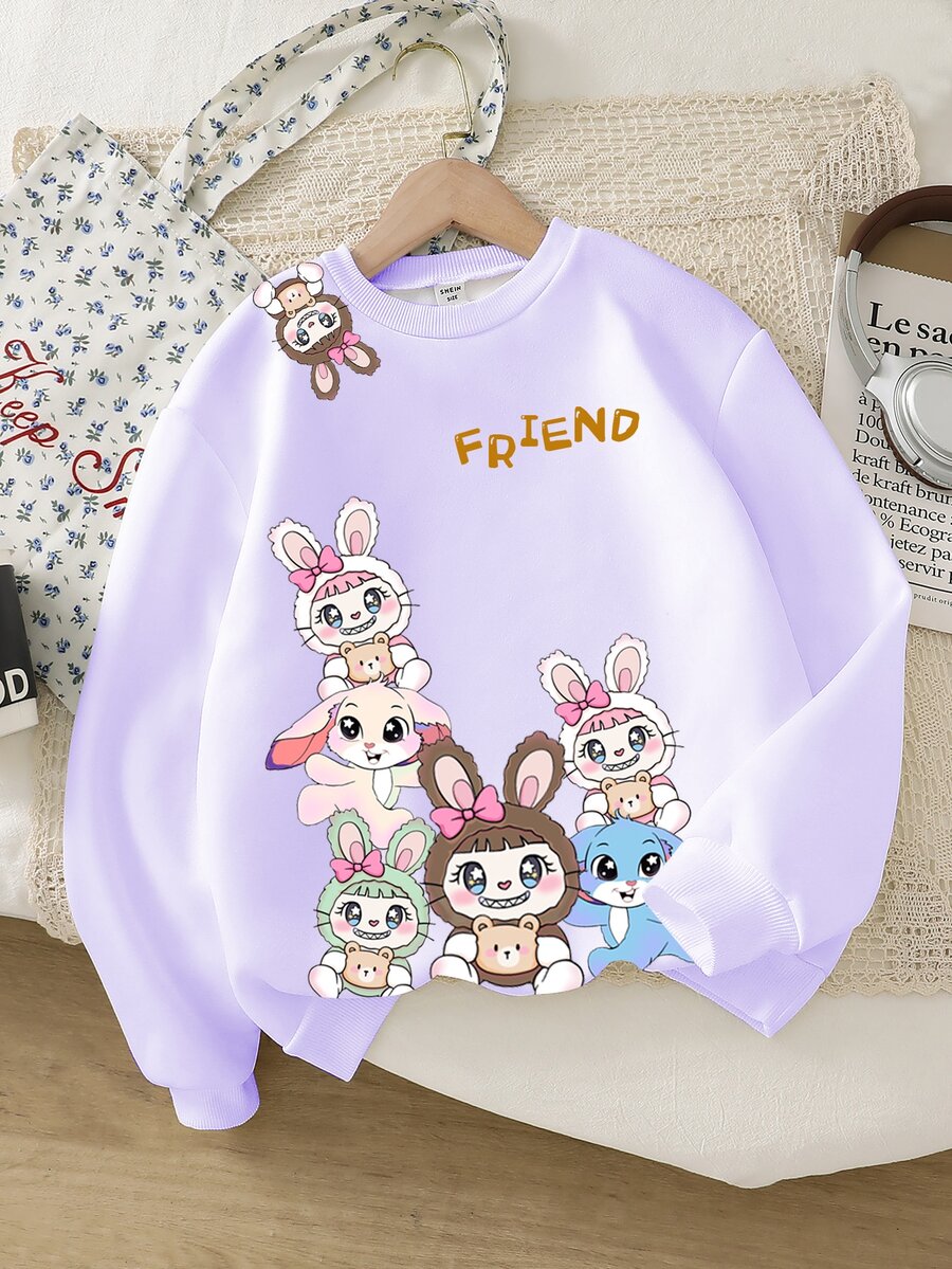SHEIN Sudadera con estampado de conejo azul de orejas caídas y diseño de dibujos animados, linda para niña, otoño/invierno - Multicolor - Ver 1