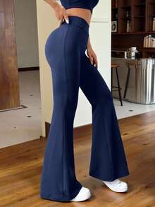 SHEIN EZwear Navy Blue Knitted Women's Skinny Flare Pants Workout Exercise Navy Blue Autumn Casual Sport - Navy Blue - View 5