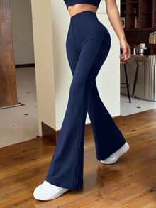 SHEIN EZwear Navy Blue Knitted Women's Skinny Flare Pants Workout Exercise Navy Blue Autumn Casual Sport - Navy Blue - View 3