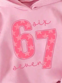 青少年女孩 1件裝 熱情粉 秋季可愛圖案校園連帽衛衣 冬季 67星字母印花 休閒 Y2K 時尚 高端極簡舒適 - 粉色 - 查看 5