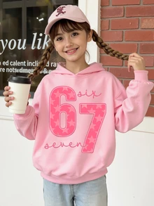 青少年女孩 1件裝 熱情粉 秋季可愛圖案校園連帽衛衣 冬季 67星字母印花 休閒 Y2K 時尚 高端極簡舒適 - 粉色 - 查看 3