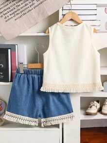 SHEIN 青少年女孩 2件/套 甜美可愛紋理布料刺繡 3D花卉圖案丹寧流蘇短褲套裝 米色天藍色 夏季度假假期 - 杏色 - 查看 2