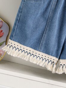 SHEIN 青少年女孩 2件/套 甜美可愛紋理布料刺繡 3D花卉圖案丹寧流蘇短褲套裝 米色天藍色 夏季度假假期 - 杏色 - 查看 7