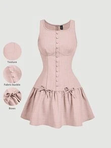 SHEIN MOD Women's Elegant Bowknot Decor Sleeveless Ruffle Hem Fitted Mini Dress, College Style, Summer Mini Dresses For Women - Pink - View 5