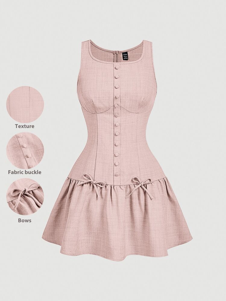 SHEIN MOD Women's Elegant Bowknot Decor Sleeveless Ruffle Hem Fitted Mini Dress, College Style, Summer Mini Dresses For Women - Pink - View 5