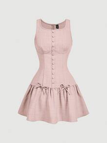 SHEIN MOD Women's Elegant Bowknot Decor Sleeveless Ruffle Hem Fitted Mini Dress, College Style, Summer Mini Dresses For Women - Pink - View 1