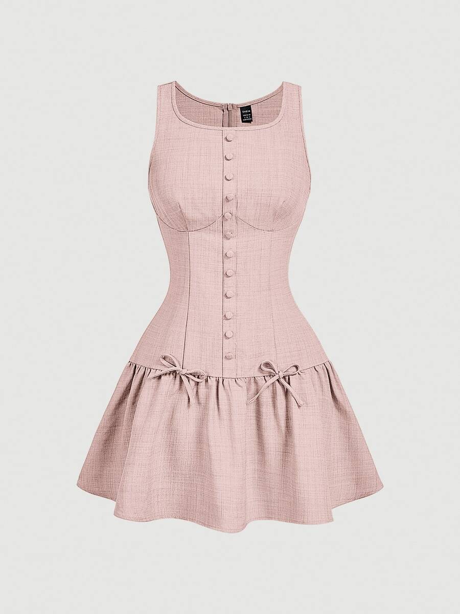SHEIN MOD Women's Elegant Bowknot Decor Sleeveless Ruffle Hem Fitted Mini Dress, College Style, Summer Mini Dresses For Women - Pink - View 1