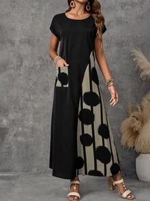 Faunlyn Women's Vacation Casual Colorblock Patchwork Print Dress - Black - View 7