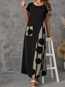 Faunlyn Women's Vacation Casual Colorblock Patchwork Print Dress - Black - View 6