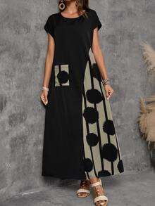 Faunlyn Women's Vacation Casual Colorblock Patchwork Print Dress - Black - View 5
