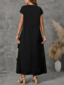 Faunlyn Women's Vacation Casual Colorblock Patchwork Print Dress - Black - View 2