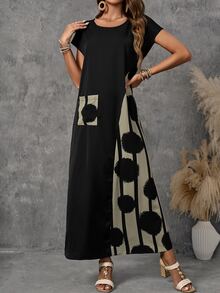 Faunlyn Women's Vacation Casual Colorblock Patchwork Print Dress - Black - View 3