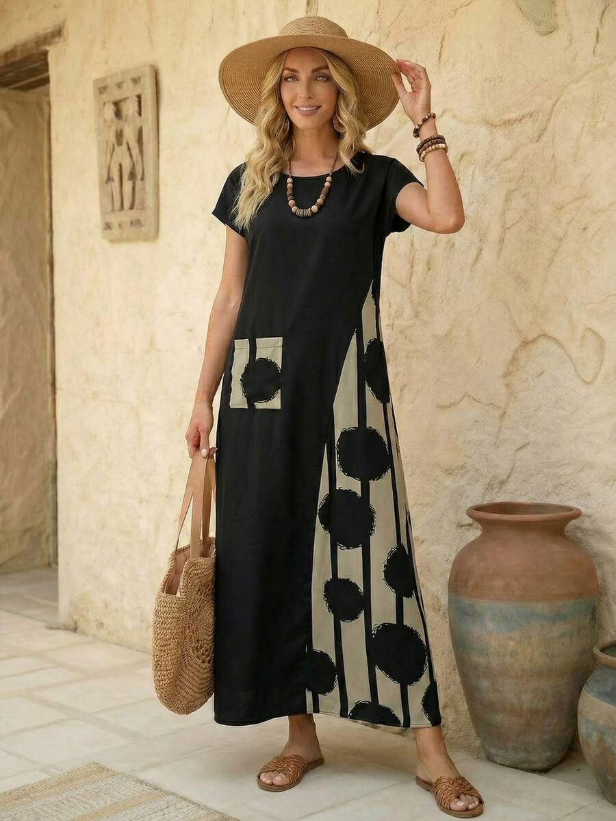 Faunlyn Women's Vacation Casual Colorblock Patchwork Print Dress - Black - View 1