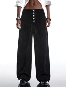 LYSMO Women's Striped Button Pocket Casual Versatile Commuting Wide Leg Pants - Black - View 5