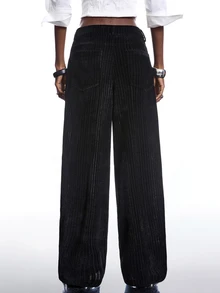 LYSMO Women's Striped Button Pocket Casual Versatile Commuting Wide Leg Pants - Black - View 3