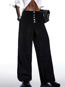 LYSMO Women's Striped Button Pocket Casual Versatile Commuting Wide Leg Pants - Black - View 6