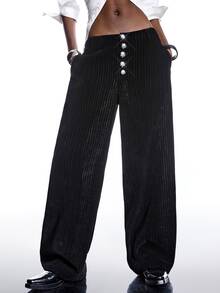 LYSMO Women's Striped Button Pocket Casual Versatile Commuting Wide Leg Pants - Black - View 1
