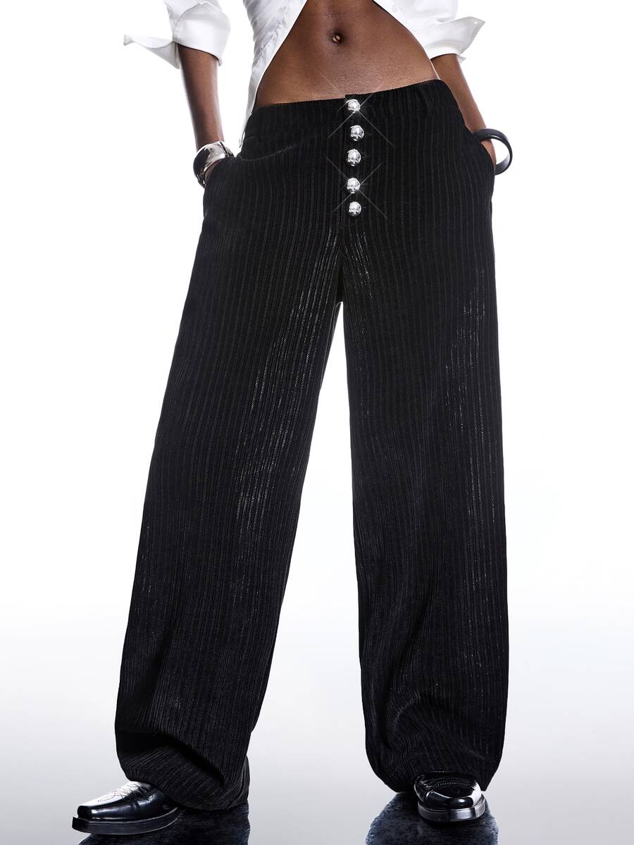 LYSMO Women's Striped Button Pocket Casual Versatile Commuting Wide Leg Pants - Black - View 1