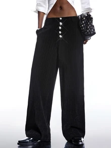 LYSMO Women's Striped Button Pocket Casual Versatile Commuting Wide Leg Pants - Black - View 7