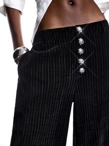 LYSMO Women's Striped Button Pocket Casual Versatile Commuting Wide Leg Pants - Black - View 8