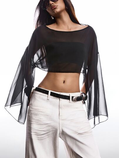 SHEIN EZwear Women's Solid Color Round Neck Batwing Sleeve Loose Cropped Blouse, Spring/Summer,Three Quarter Sleeve Tops Night Out Black Sexy