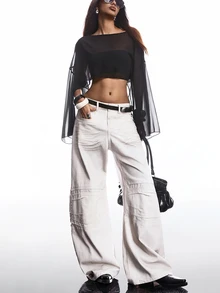 SHEIN EZwear 女式纯色圆领蝙蝠袖宽松短款衬衫，春夏，七分袖上衣 - 黑色 - 查看 5