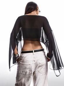 SHEIN EZwear 女式纯色圆领蝙蝠袖宽松短款衬衫，春夏，七分袖上衣 - 黑色 - 查看 2
