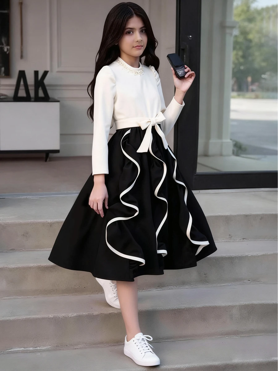 Tween Girls Elegant Contrast Patchwork Dress Pearl Beads Kids Cute Bow Belted Long Sleeve Wave Edge Party Birthday Gown Wedding White And Black Autumn - Multicolor - View 1