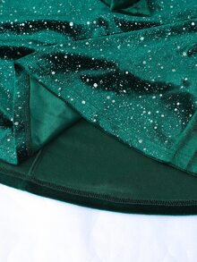 SHEIN Sparklyn 青少年女孩閃亮天鵝絨裹身派對洋裝 V領長袖自綁蝴蝶結腰部 A字擺裙，適合節日正式場合 - 墨綠色 - 查看 5