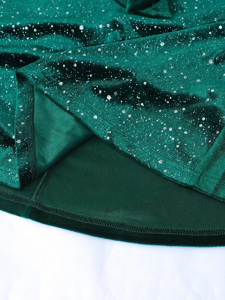 SHEIN Sparklyn Tween Girls Sparkly Velvet Wrap Party Dress V‑Neck Long Sleeve Self‑Tie Bow Waist A‑Line Swing Dress For Holiday Formal Occasions - Dark Green - View 5