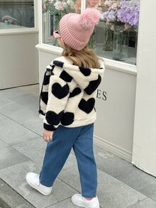 SHEIN Elladie kids 女童可爱黑色爱心时尚舒适连帽长袖外套，秋冬季爱心外套，女童爱心外套，爱心印花外套，爱心抓绒外套 - 杏色 - 查看 2