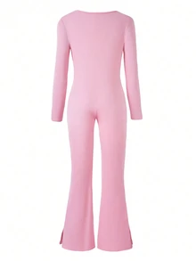 SHEIN 女童粉色彈性針織修身舒適時尚長袖圓領連身褲，秋季服飾 - 粉色 - 查看 2