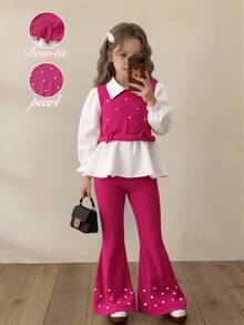 Young Girls Preppy 2-In-1 Blouse & Sweater Vest Set, Hot Pink Pearl & Bow Trim Knit Top With Matching Flare Pants - Hot Pink - View 10