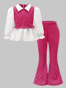Young Girls Preppy 2-In-1 Blouse & Sweater Vest Set, Hot Pink Pearl & Bow Trim Knit Top With Matching Flare Pants - Hot Pink - View 8