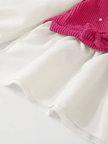 Young Girls Preppy 2-In-1 Blouse & Sweater Vest Set, Hot Pink Pearl & Bow Trim Knit Top With Matching Flare Pants - Hot Pink - View 6