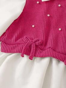Young Girls Preppy 2-In-1 Blouse & Sweater Vest Set, Hot Pink Pearl & Bow Trim Knit Top With Matching Flare Pants - Hot Pink - View 5