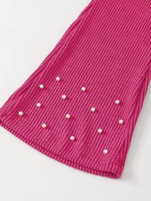 Young Girls Preppy 2-In-1 Blouse & Sweater Vest Set, Hot Pink Pearl & Bow Trim Knit Top With Matching Flare Pants - Hot Pink - View 9