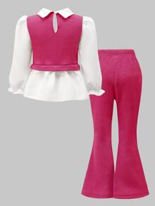 Young Girls Preppy 2-In-1 Blouse & Sweater Vest Set, Hot Pink Pearl & Bow Trim Knit Top With Matching Flare Pants - Hot Pink - View 2