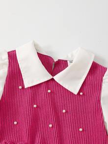 Young Girls Preppy 2-In-1 Blouse & Sweater Vest Set, Hot Pink Pearl & Bow Trim Knit Top With Matching Flare Pants - Hot Pink - View 3