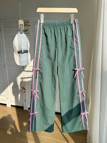SHEIN Sparklyn 青少年女孩秋季寬腿直筒休閒寬鬆百搭基本款長褲，秋季、極簡、純色、返校穿搭 - 綠色 - 查看 5
