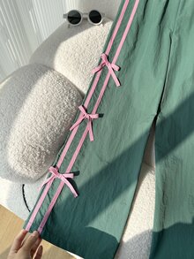 SHEIN Sparklyn 青少年女孩秋季寬腿直筒休閒寬鬆百搭基本款長褲，秋季、極簡、純色、返校穿搭 - 綠色 - 查看 6