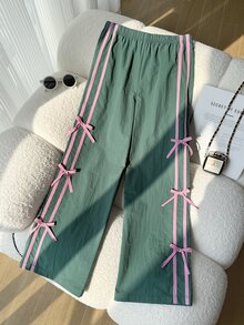 SHEIN Sparklyn 青少年女孩秋季寬腿直筒休閒寬鬆百搭基本款長褲，秋季、極簡、純色、返校穿搭 - 綠色 - 查看 4